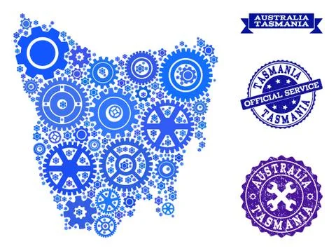 Collage Map of Tasmania Island with Cogs and Grunge Seals for Service Stock Illustration