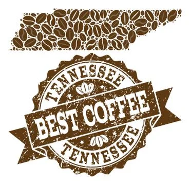 Collage Map of Tennessee State with Coffee Beans and Textured Seal Stock Illustration