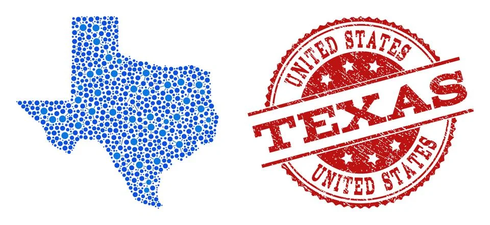 Collage Map of Texas State with Linked Dots and Textured Stamp Illustrazione stock