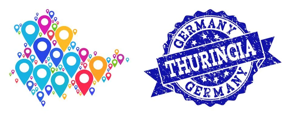 Collage Map of Thuringia State with Map Markers and Textured Seal Illustrazione stock