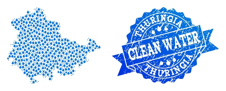 Collage Map of Thuringia State with Water Dews and Grunge Stamp Seal Stock Illustration