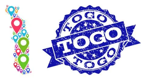 Collage Map of Togo with Map Pointers and Textured Stamp Stock Illustration