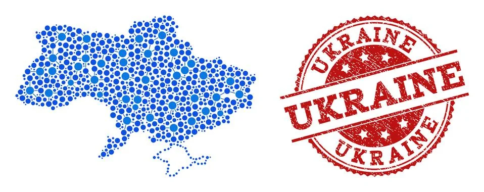 Collage Map of Ukraine with Connected Points and Scratched Stamp イラスト素材