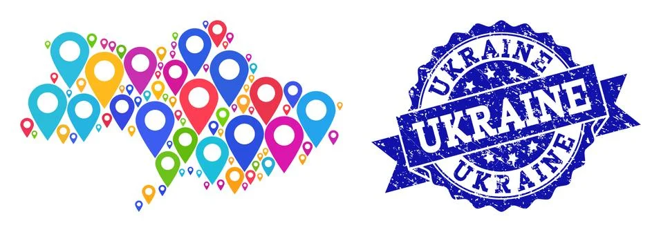 Collage Map of Ukraine with Map Pointers and Distress Seal Stock Illustration