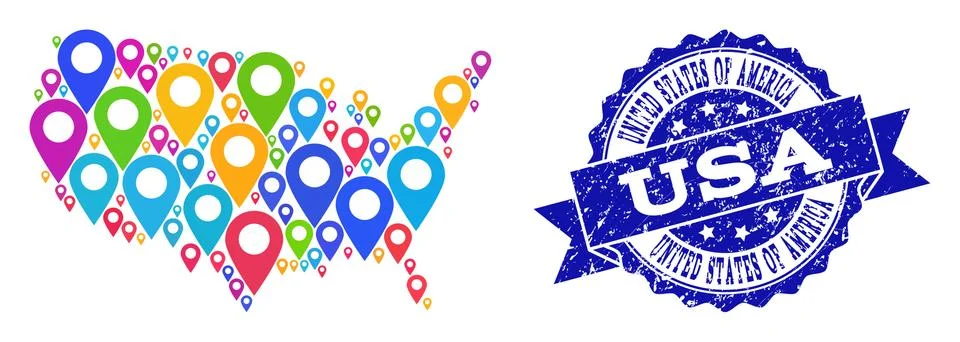 Collage Map of USA with Map Pointers and Textured Seal Stock Illustration