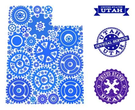 Collage Map of Utah State with Gear Wheels and Rubber Seals for Services Stock Illustration