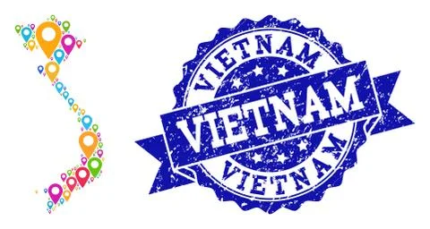 Collage Map of Vietnam with Map Pointers and Scratched Stamp Illustrazione stock