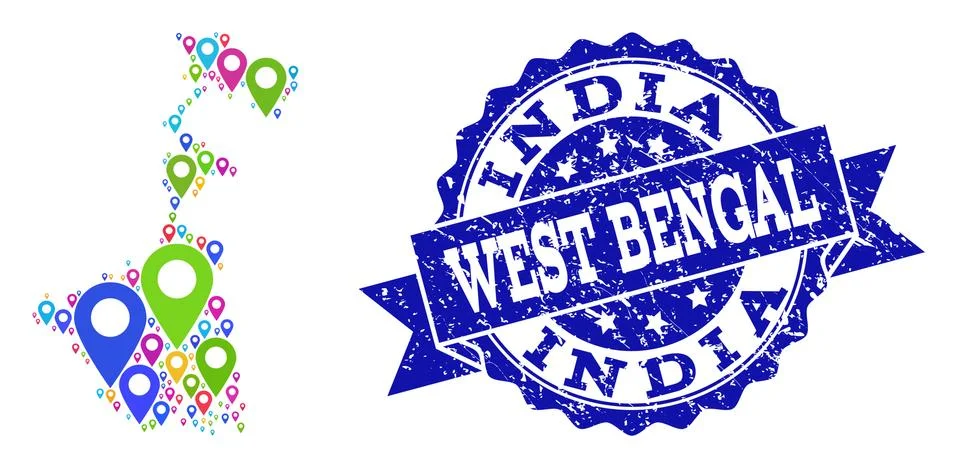 Collage Map of West Bengal State with Map Pointers and Distress Seal Stock Illustration