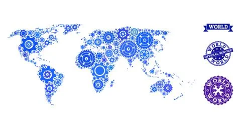 Collage Map of World with Cogs and Rubber Stamps for Service Stock Illustration