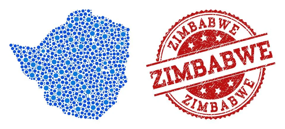 Collage Map of Zimbabwe with Connected Points and Grunge Stamp Illustrazione stock