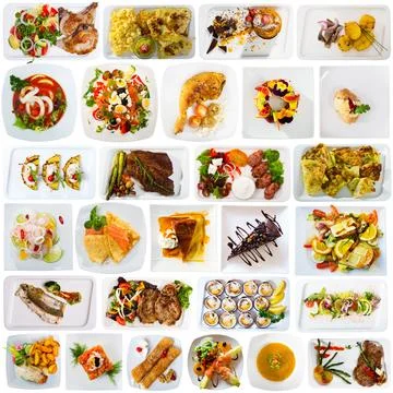Collage of meals on rectangular plates Stock Photos