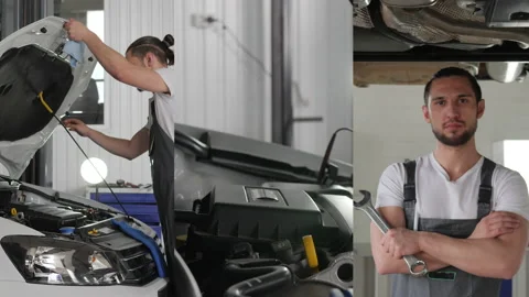 Collage mechanic opens hood of car, male hands checks electrical wiring vehicle Video stock 160726486