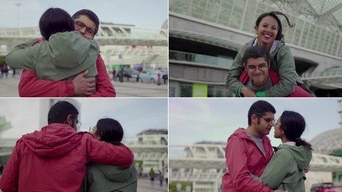 Collage of medium shot of couple having date, hugging, kissing Vídeo Stock 104750659