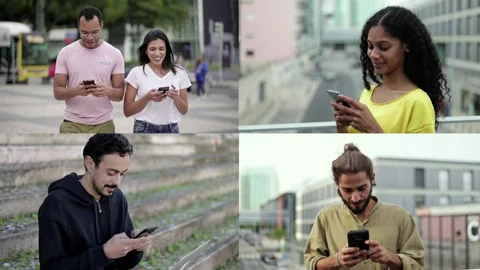 Collage of men and women using smartphone Stock Footage 132940894