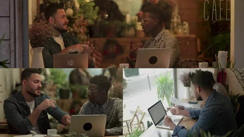 Collage of men in cafe discussing project, working on laptops Stock Footage 107997350