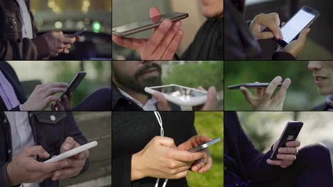 Collage of men texting, talking on phone with speakerphone Stock-Footage 104751378