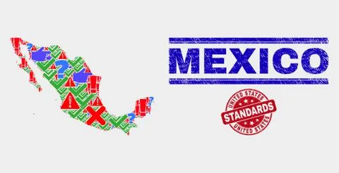 Collage of Mexico Map Symbol Mosaic and Scratched United States Standards Stock Illustration