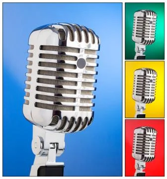 Collage of microphones on different colored backgrounds Stock Illustration