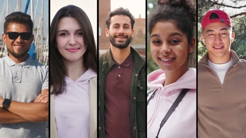 Collage of mix raced young professionals or students, happy young international Stock Footage 166323121