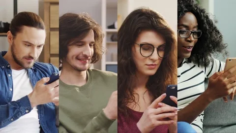 Collage of mixed-races people using smartphones at home. Handsome happy Stock Footage 137601064