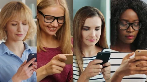 Collage of mixed-races women using devices. Pretty Caucasian female typing on Stock Footage 137601176