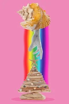 Collage of modern art. Two shells on a pink background, connected by a rainbo Stock Photos