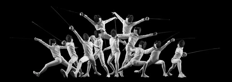Collage in monochrome filter. Sequence of fencer's movements captured in Stock Photos