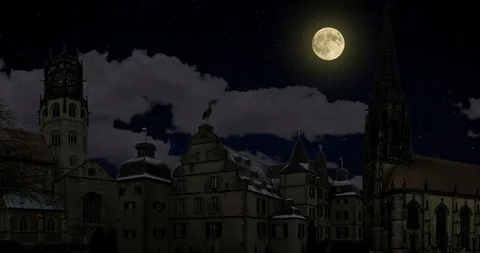 Collage: The moon in the clouds rises above ancient buildings Video stock 90224344