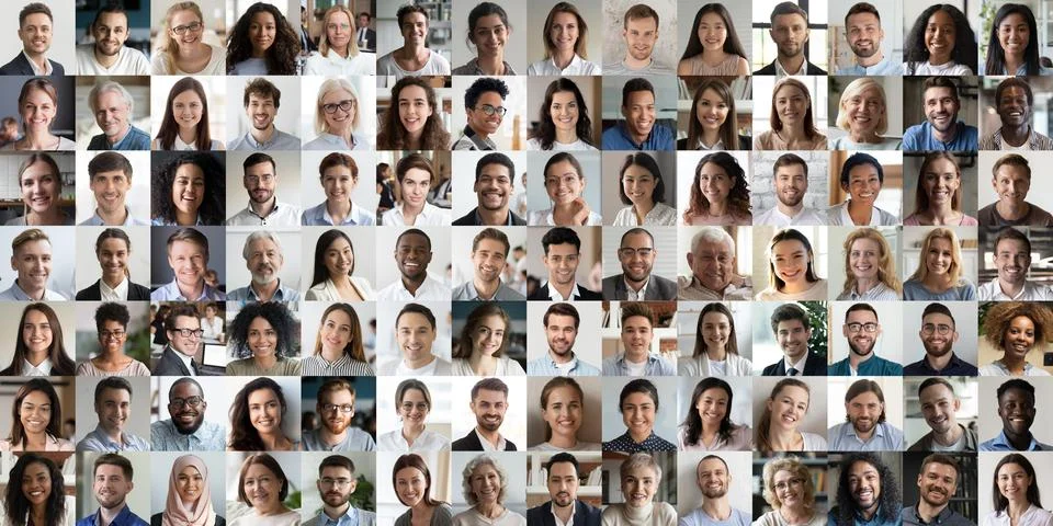 Collage mosaic of many happy multiracial people faces headshots portraits Stock Photos