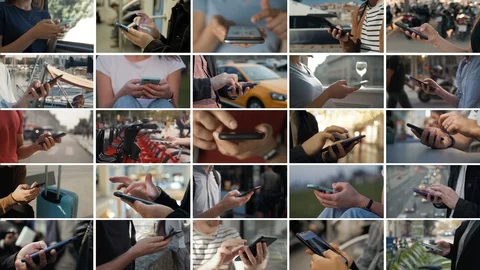 Collage multi cam people of hands using touchscreen smart phone. Group people Stock Footage 119783264