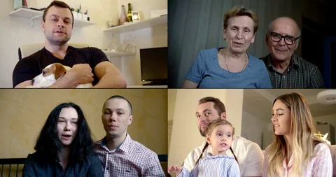 Collage, multi-shot of different people who communicate via video during the Stock Footage 129489924
