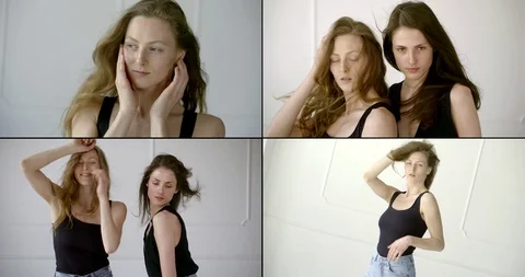 Collage, multi-shot portrait of two slender girls models, one light, the other Stock Footage 129490595