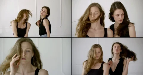 Collage, multi-shot portrait of two slender girls models, one light, the other Stock Footage 129823483