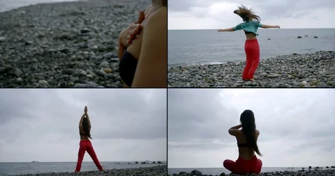 Collage, multi-shot of a young long-haired girl who is located by the sea on a Stock Footage 129489417