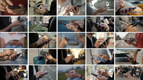 Collage multicam multi camera of hand using touchscreen smart phone. Group Stock Footage 113869339