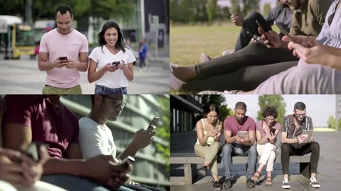 Collage of multiethnic people using mobile phone Stock Footage 132945316