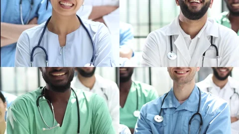 Collage of multinational doctors and portraits of medical workers dressed in Stock Footage 243845882