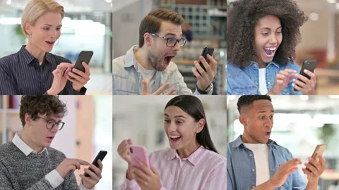 Collage of Multiple Race People Celebrating Success on Smartphone Video stock 162848258