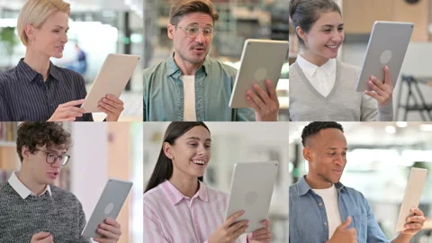 Collage of Multiple Race People Talking on Video Call on Tablet Stock Footage 162848822