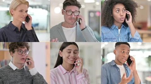 Collage of Multiple Race People Talking on Smartphone, Phone Call Stock Footage 162849635