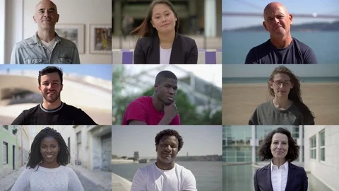 Collage of multiracial people smiling at camera Stock Footage 121914156