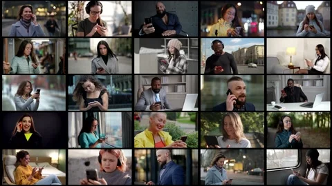 Collage multiscreen people of different ages nationalities and genders use a Stock Footage 194427371