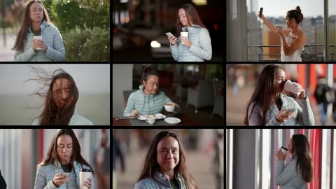 Collage multiscreen a pretty middle-aged woman in the city drinks coffee, walks Video stock 221503910