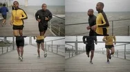 Collage Of Muscular Men Training Together On Quay, Jogging Stock Footage