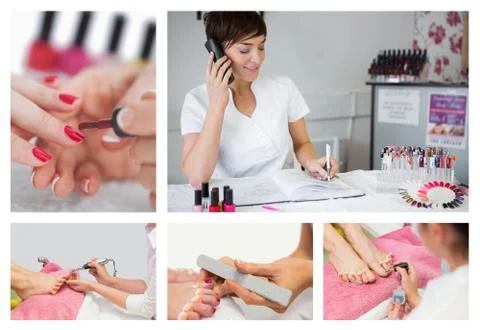Collage of nail salon situations Stock Photos