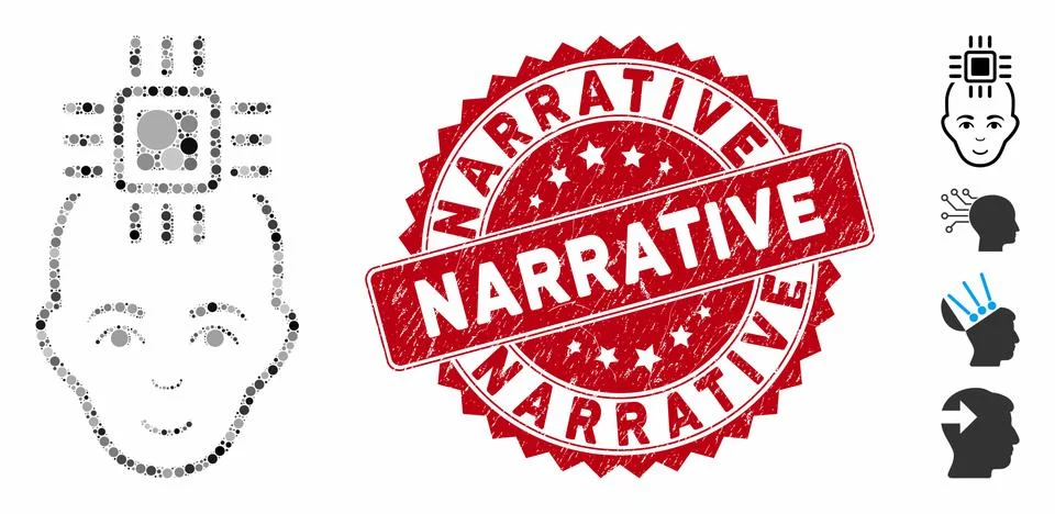 Collage Neural Computer Interface Icon with Textured Narrative Seal Illustrazione stock