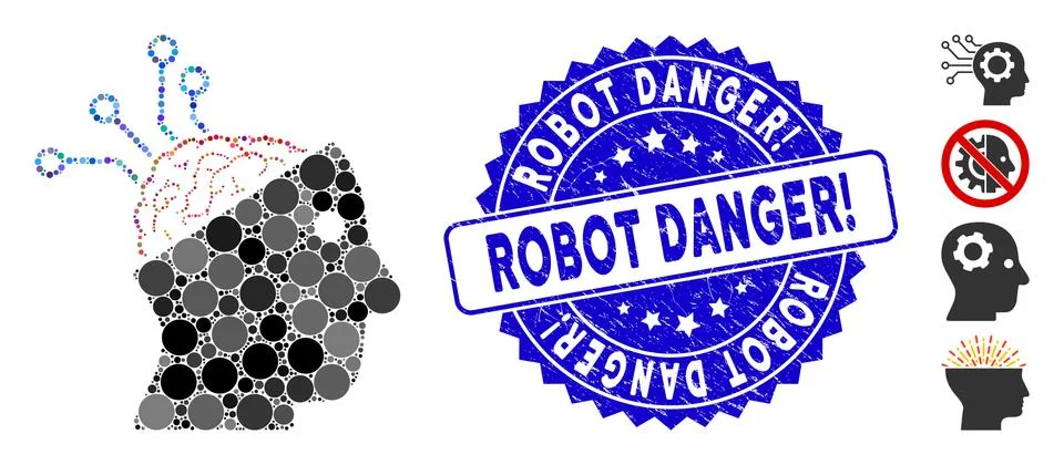 Collage Neural Interface Links Icon with Textured Robot Danger! Stamp Illustrazione stock