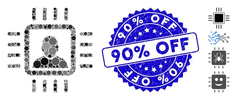 Collage Neuro Processor Icon with Scratched 90% Off Seal Stock Illustration