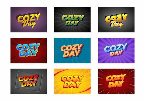 A collage of nine colorful graphics featuring Cozy Day in various styles. E.. Stock Illustration
