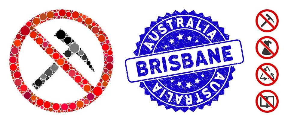 Collage No Mining Tools Icon with Grunge Australia Brisbane Stamp Stock Illustration